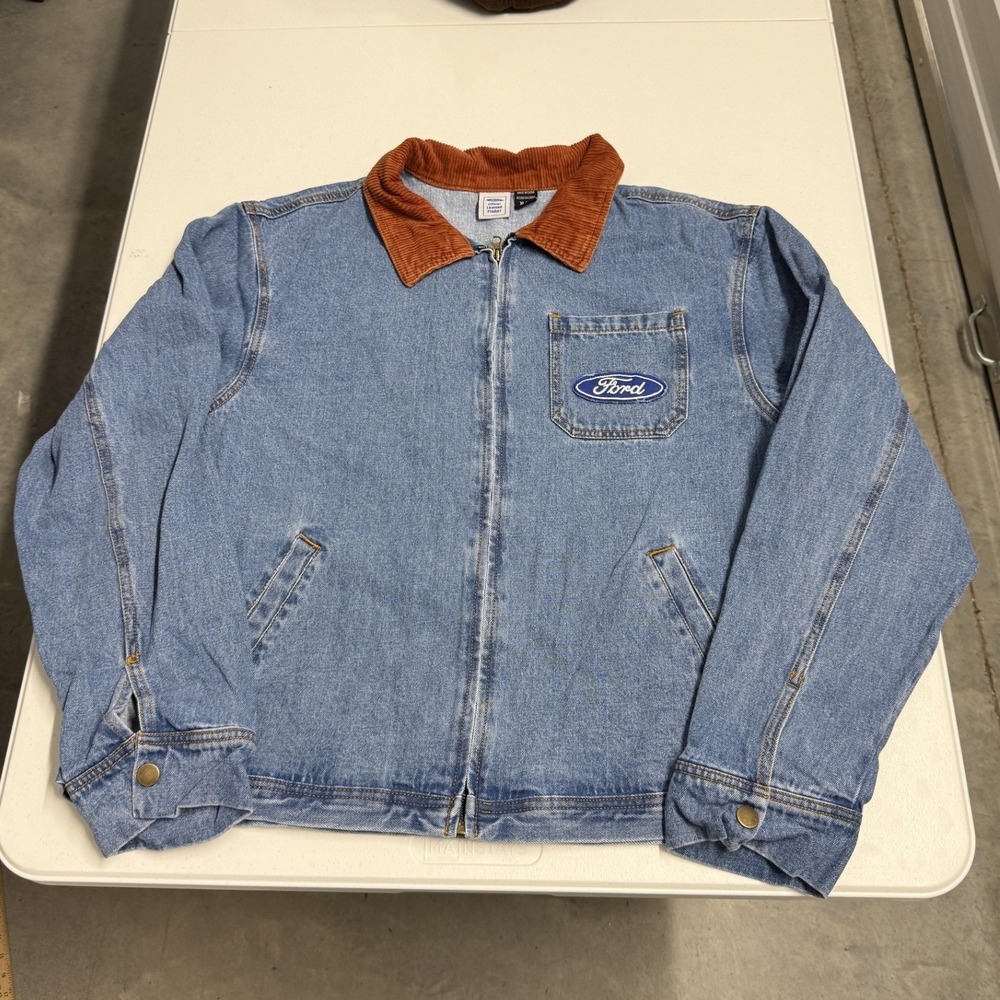 Ford Denim Work Jacket Mens XL Blue Excellent Corduroy Collar Logo Zip Up Coat